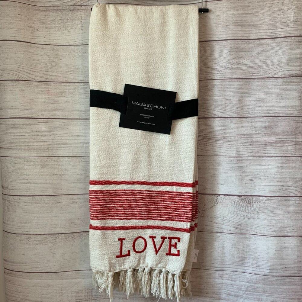 Magaschoni Decorative Throw Blanket Off-White and Red LOVE Fringe Tassels 50x60"